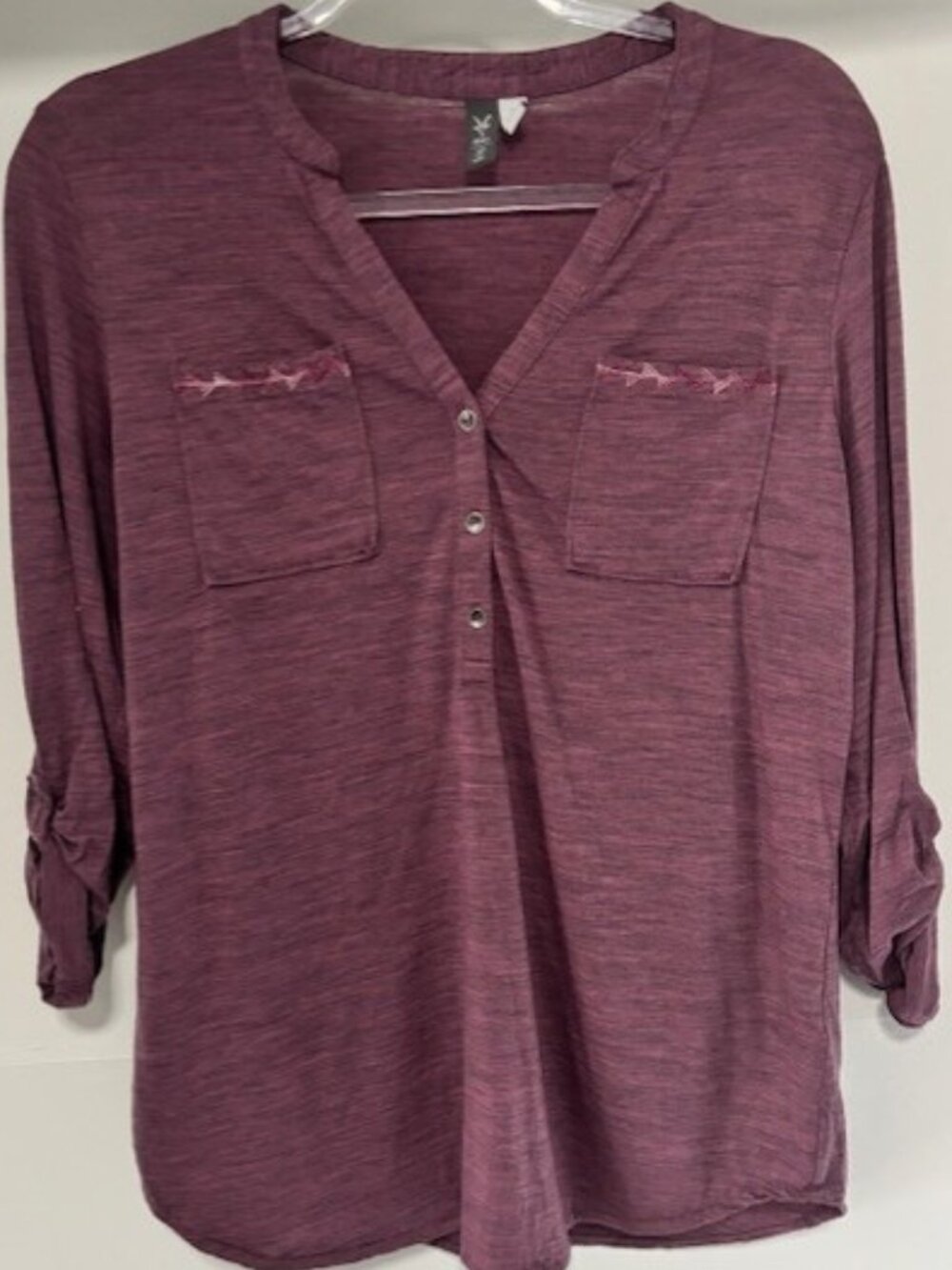Ibex Womens M Purple Button Front Roll Tab Sleeve V Neck Top Merino Wool Casual